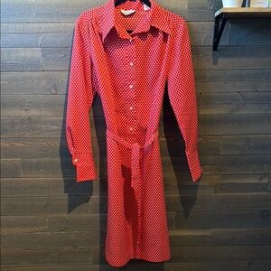 Vintage Red and White Polka Dot Long Sleeve Buttoned Shirt Dress